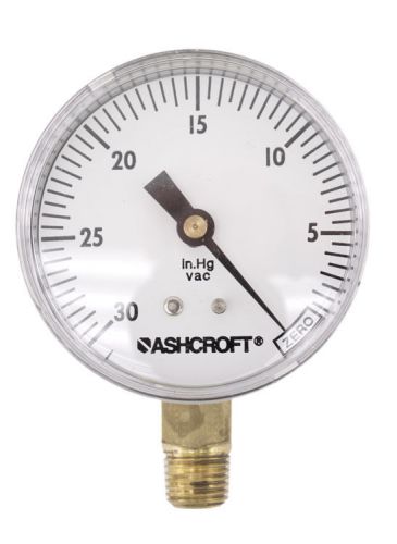 Ashcroft 2-1/2&#034; 0-30&#034;hgvac 1/4&#034;npt brass socket lower mount pressure gauge 2.5&#034; for sale