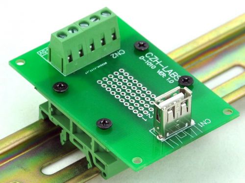 USB Type A Female Vertical Jack Breakout Board, w/Simple DIN Rail Mount Feet.