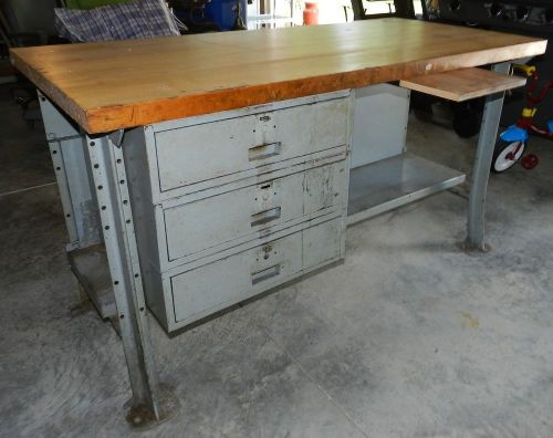 Lyon gray steel work bench tabel w/ maple butcher block top 3 drawers + pull out for sale