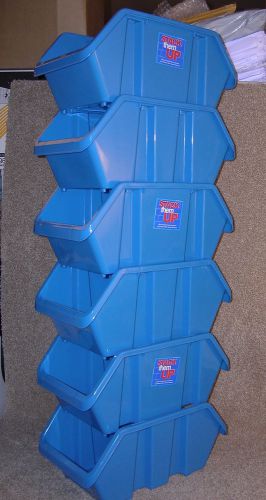 2177/ blue 6 storage bin dabble sided opening plastic stackable stack up lot for sale