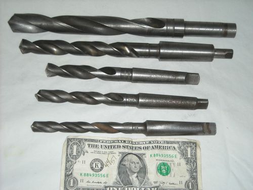 Lot of 5 large US made drill bits mostly with Morse 2 &amp; 3 tapers