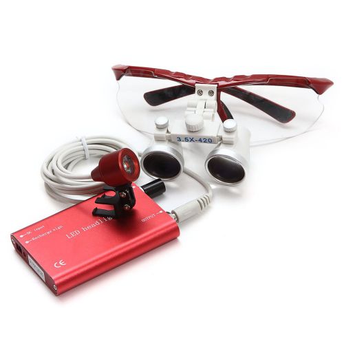 Red dental surgical medical binocular loupes 3.5x 420mm + head light lamp for sale