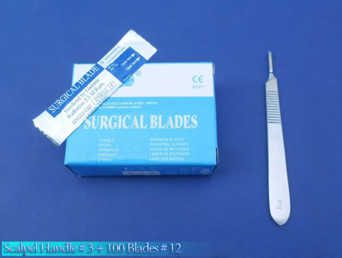 100 Scalpel Blades #12 + Scalpel Handle #3 Surgical Dental ENT Instruments