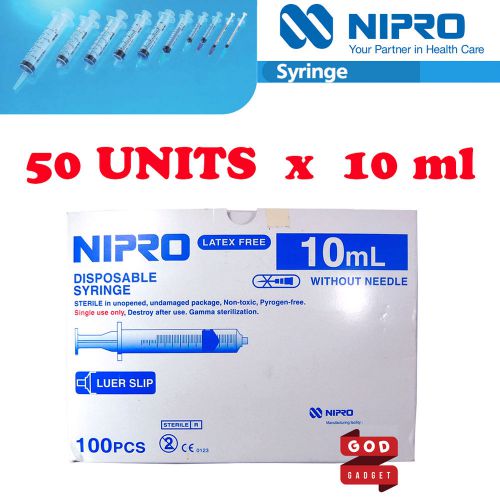 50 x 10ml nipro syringe luer slip tip hypodermic needle sterile latex free cc for sale