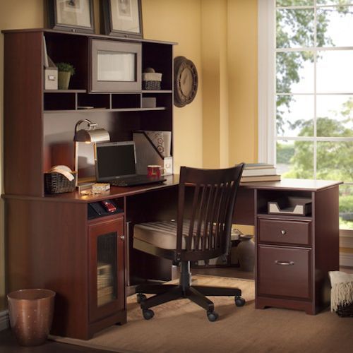 Executive Office Workstation Desk L Shaped w Hutch Home Student Furniture Cherry