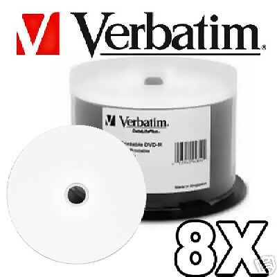 50 verbatim 94854 8x dvd-r white inkjet hub printable recordable blank dvd media for sale