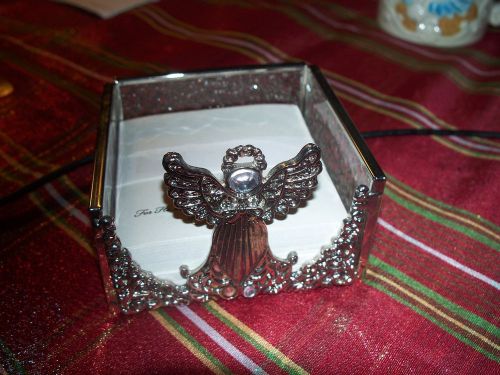 Silver Glass Angel Office Desk Top Note Paper Holder 4&#034; W x 4&#034; L 2 1/2&#034; H  ~ NEW