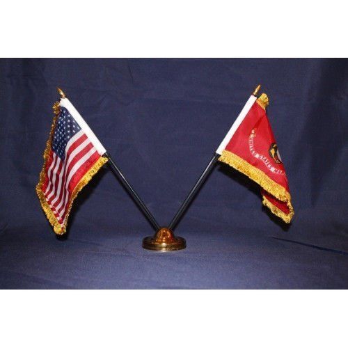 USA and USMC Marine Corps Gold Fringed Flag Desk Set 4 in x 6 in -Display Offic
