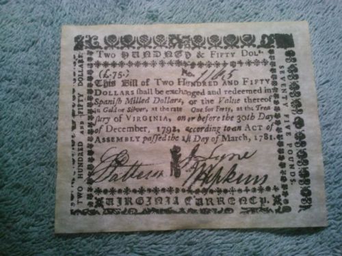 1781 Old Virginia $250 dollar antiqued note bill bank look &amp; feels real copy