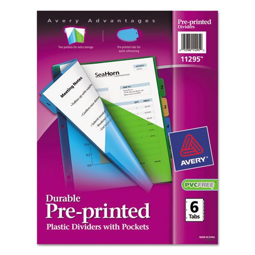 Preprinted Six-Tab Double Pocket Dividers, 11 x 9, 1-6, Assorted