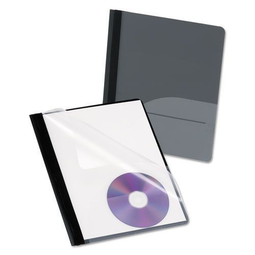 Clear Front Report Cover, CD Pocket, 3 Fasteners, Letter, Black, 25/Box