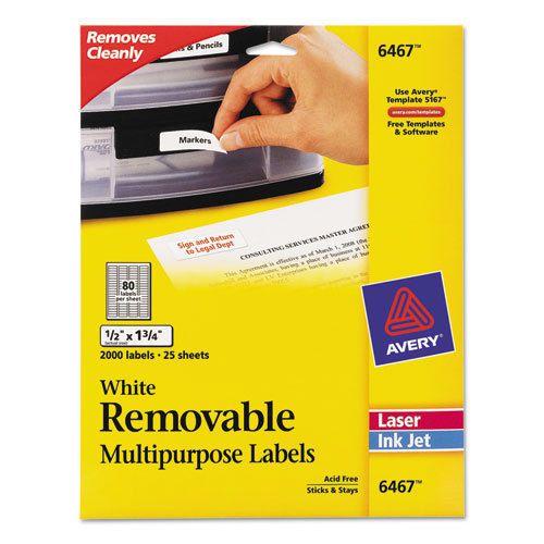 Removable inkjet/laser id labels, 1/2 x 1-3/4, white, 2000/pack for sale