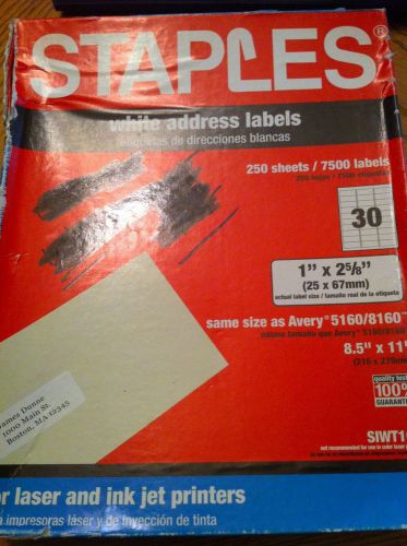 Staples white address labels avery 5160 8160 30 per sheet 1&#034; x 2 5/8&#034; siwt100 for sale