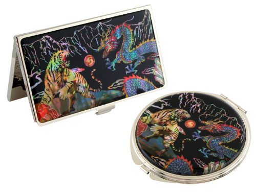 Nacre tiger &amp; dragon Business card holder case Makeup compact mirror gift set#60