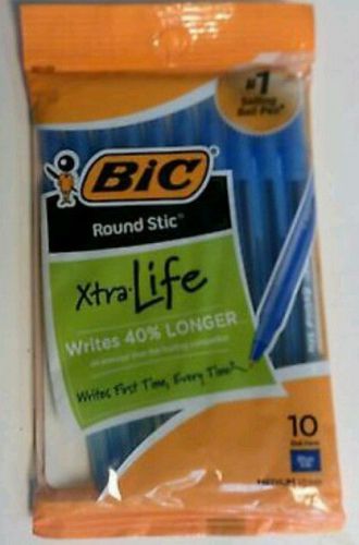 BIC ROUND STIC XTRA LIFE BALL POINT PENS BLUE INK, 10 PENS