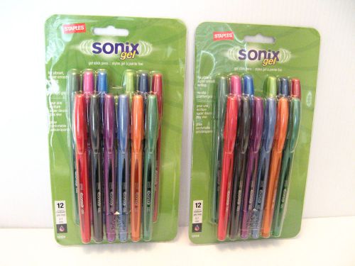 Staples Sonix Gel Stick Pen Pack of 12 Assorted Multi Color 0.7mm 13124 Lot of 2