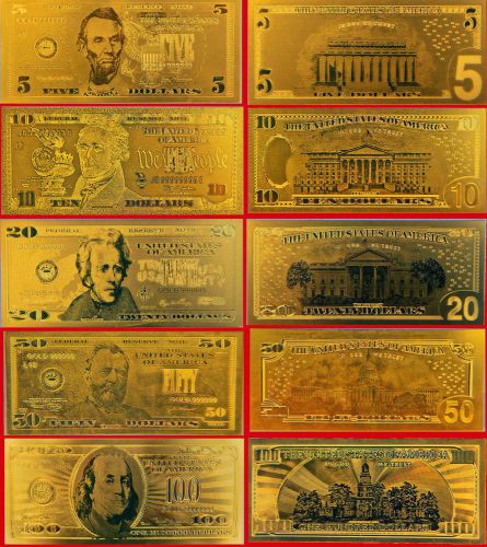 GOLD US BANKNOTE SET- $5 $10 $20 $ 50 $100 99.999 PURE MINT DOLLAR BILL 24K