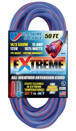Us wire 98050 14/3 50-foot sjeow tpe cold weather extension cord blue with ligh for sale
