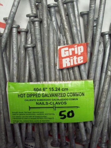 (50) 6&#034; Smooth Galvanized Common Nails GRIP RITE 60D HOT DIPPED 15.24 CM, NEW