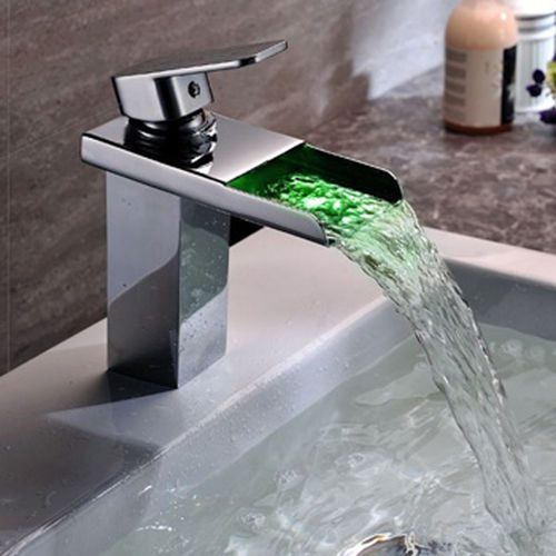 Modern LED Waterfall Faucet for Bathroom Sinks in Chrome Finished Free Shipping