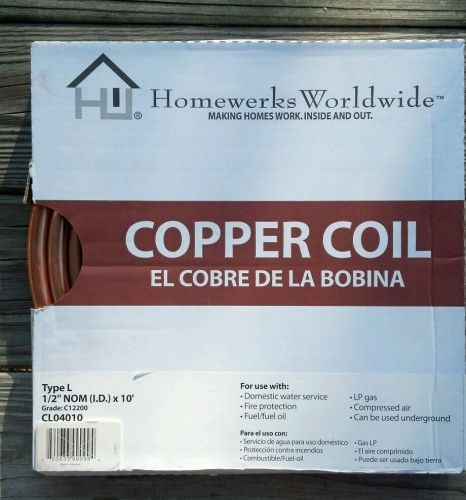 Copper Coil Type L 1/2&#034; (nom ID) x 10&#039; CL04010