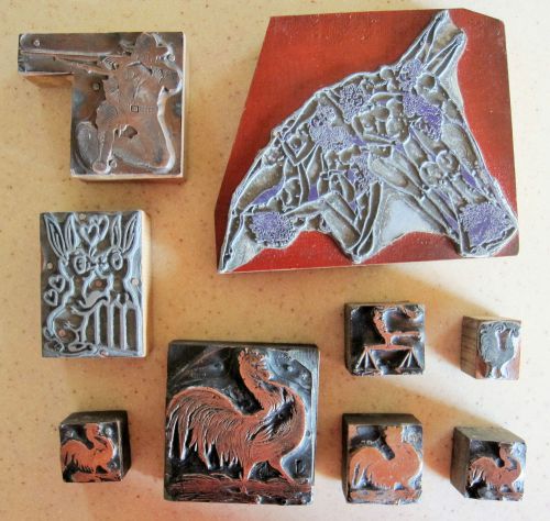 9 vintage wood printing blocks copper &amp; metal ~ roosters cowboy bunnies scale for sale