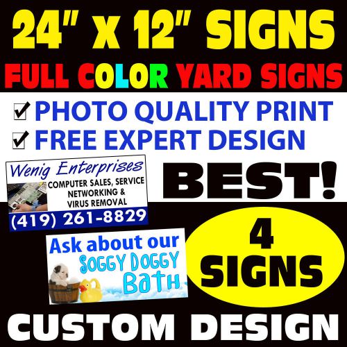 (4) CUSTOM 2-SIDED COLOR BANDIT YARD SIGNS 24x12 + STANDS &amp; FREE EXPERT DESIGN
