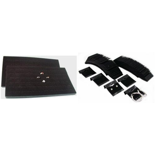 72 Slot Black Foam Ring Tray Insert &amp; Black Flocked Earring Cards Kit 102 Pcs