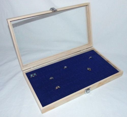 72 RING NATURAL WOOD GLASS TOP JEWELRY DISPLAY BLUE
