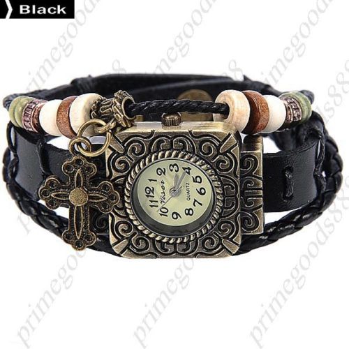 Square Case Cross PU Leather Analog Quartz Lady Ladies Wristwatch Women&#039;s Black