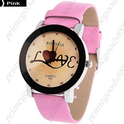 Love Rhinestones PU Leather Lady Ladies Analog Quartz Wristwatch Women&#039;s Pink