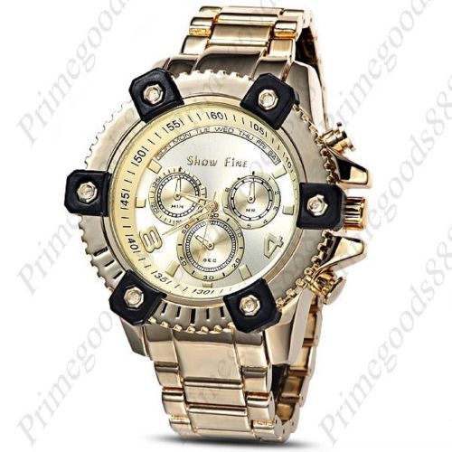 Gold Golden Black Trim Stainless Steel Sub Dials Wristwatch Quartz Analog Men&#039;s