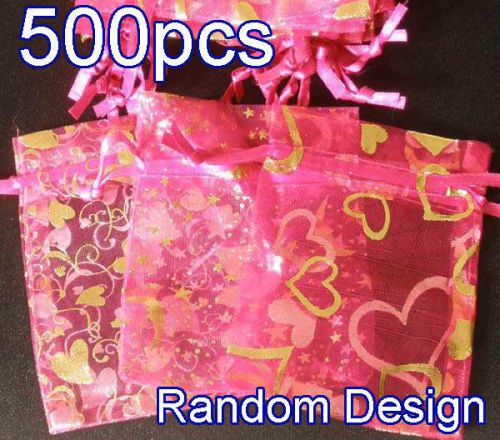 500pcs Random Design Hot Pink Organza Bag Pouch for Xmas Gift 7x9cm (2.7x3.5&#034;)