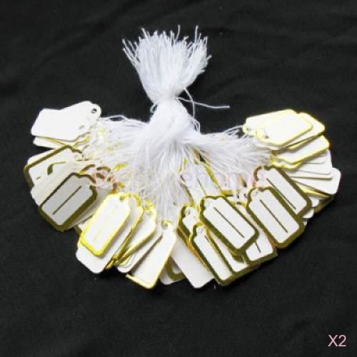 2X 500pcs Rectangular White w/Gold Trim Label Tie String Paperboard Price Tags