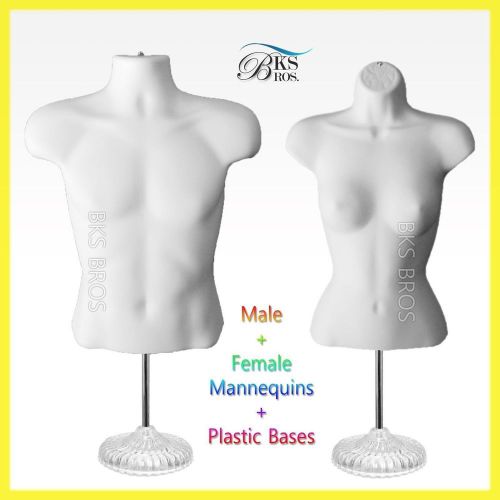 Man &amp; Woman Torso Mannequins WHITE w/Arcylic Stand Hook Male Female Hollow Back