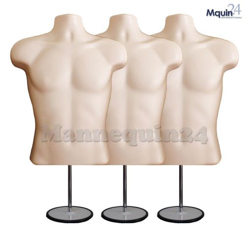 3 Male Torso Mannequin Forms w/3 Stands +3 Hanging Hooks Man&#039;s Clothings 3P78F36