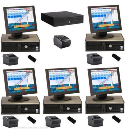 5 Stn Restaurant / Bar Touch POS System &amp; Software W Printers &amp; Card Swipe