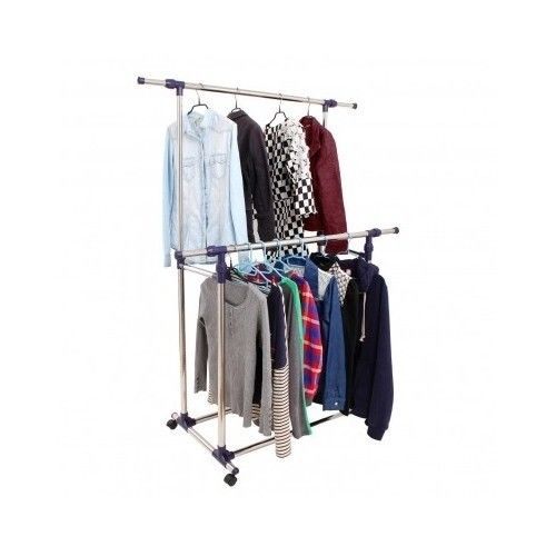 Clothes Rack Garment Rolling Double Bar Rail Heavy Duty Storage Closet New