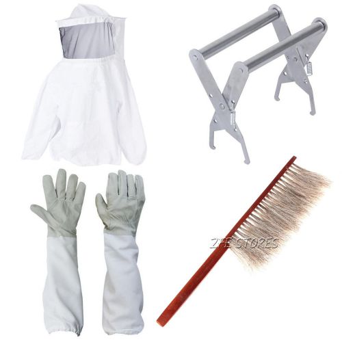 Hive frame holder +gloves+beekeeping veil suit smock + bee brush tool equip new for sale