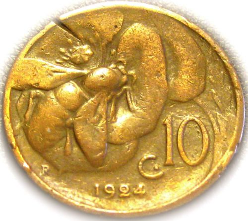 Honeybee Coin - Italy - Italian 1924R 10 Centesimi Coin - Great Coin - RARE