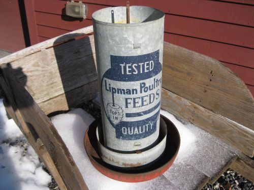 Vintage Chicken Tube Feeder Lipman Poultry Feeds Painted on Front Dark Blue