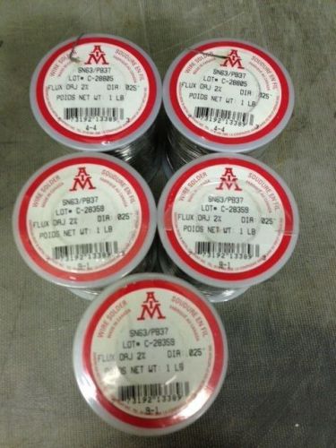 Lot of 5 AIM solder wire SN63 / PB37 Flux OAJ 2% Dia: .025&#034; 1LB
