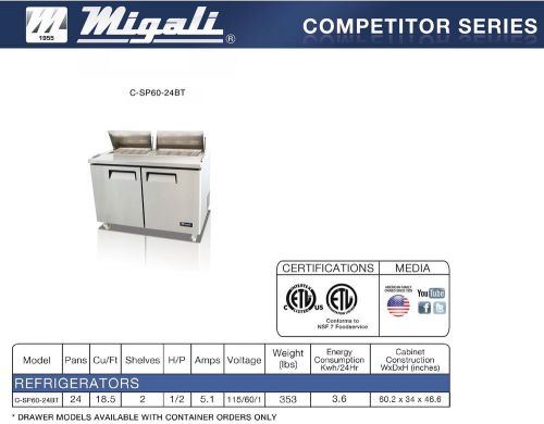 Migali two door 60&#034; big top 24 pan sandwich prep table c-sp60-24bt for sale