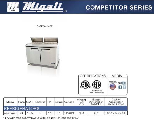 Migali Two Door 60&#034; Big Top 24 Pan Sandwich Prep Table C-SP60-24BT