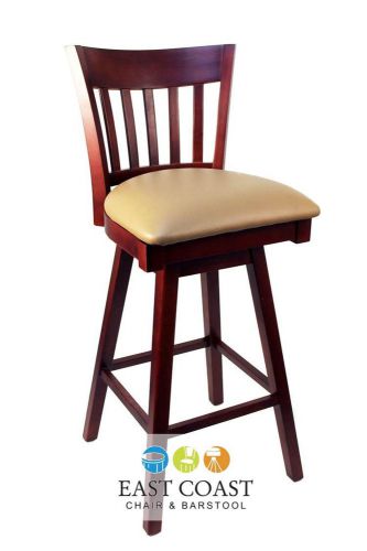 New gladiator mahogany vertical back wooden swivel bar stool w/ tan vinyl seat for sale