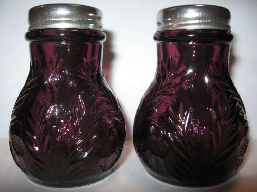 pair of purple amethyst glass salt &amp; pepper shakers set castor inverted thistle