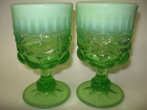 pair of Green Opalescent glass eyewinker pattern tumblers cups wine goblets set