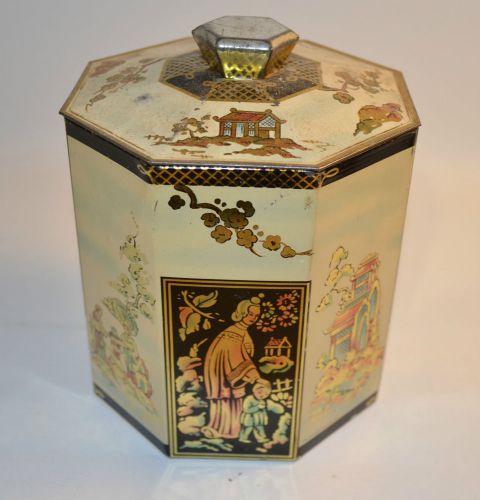 Peek, Frean &amp; Co. Oriental Octagon Biscuit Tin Box Jar Octagon Silver Handle