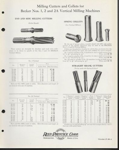 Circular 1926 Reed Prentice Machine Tools Becker No 2A &amp; 3 Cutters &amp; Collets