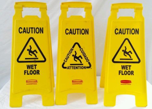 3 Yellow Wet Floor Caution Signs, 2 sided, rubbermaid